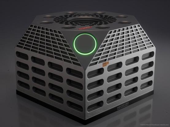 chamfered metal box with circular green lit button on the corner