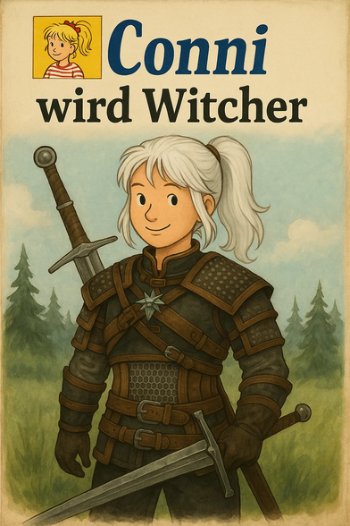 **TL;DR:** A parody mashup of the children's book character Conni and "The Witcher" franchise, showing Conni as a monster-slaying warrior.

**Text on image:** "Conni wird Witcher"

**Description:** The image humorously depicts the character Conni, known from German children's books, dressed as Geralt from *The Witcher*. She has silver hair tied back, wears dark, studded leather armor with a wolf medallion, and carries two large swords on her back. The background is a forested area under a blue sky. The top features the classic Conni logo with her cartoon face and red-striped shirt in a yellow square. The title text means "Conni becomes a Witcher." This is a parody combining a wholesome kids' series with a dark fantasy game/book series.