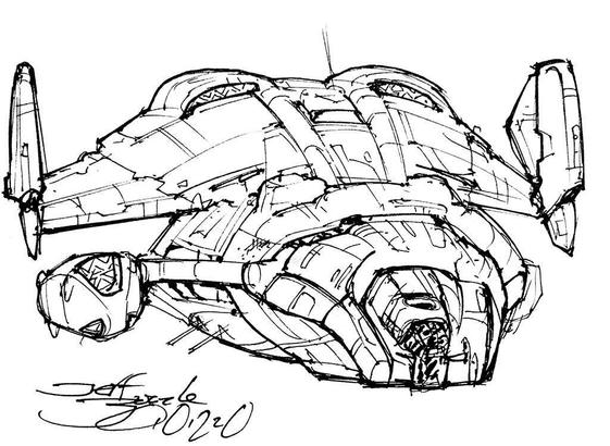 Black and white line art sketch of an imaginative sci fi spaceship. Each one is very different.