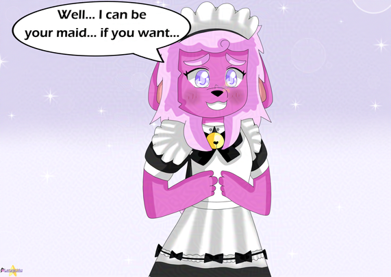A drawing of a pink hybrid bunny/alpaca wearing a maid outfit (black dress with a black bow with a yellow bell on it, white apron and white ruffled headpiece), looking shy.

Text: Well… I can be your maid… if you want...