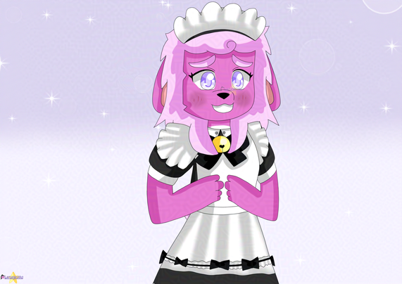 A drawing of a pink hybrid bunny/alpaca wearing a maid outfit (black dress with a black bow with a yellow bell on it, white apron and white ruffled headpiece), looking shy.