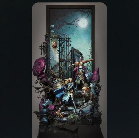 This image depicts a stunningly detailed diorama that immerses viewers into a fantastical, surreal world reminiscent of "Alice in Wonderland." Encased within a vertical frame, the piece combines storytelling, artistry, and intricate craftsmanship to create a sense of depth and otherworldliness. The scene is set under a luminous full moon against a misty, eerie night sky filled with gnarled tree branches. At the heart of the composition is a dynamic group of characters navigating a strange, dreamlike environment.