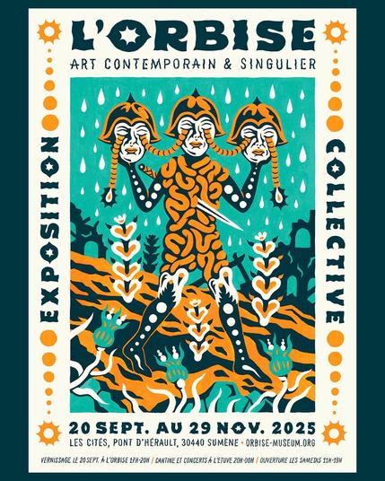 Affiche pour une exposition collective représentant un personnage qui porte trois têtes dans un décor apocalyptique