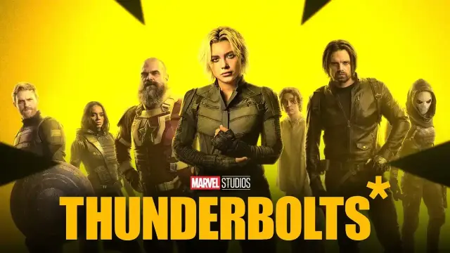 Thunderbolts* movie poster featuring Florence Pugh as Yelena Belova, David Harbour as Alexie Shostakov, Sebastian Stan as Bucky Barnes, Wyatt Russell as a version of Captain America, Olga Kurylenko as Antonia Dreykov, Lewis and Pullman as Bob. Yellow text in front of the cast with a yellow background.