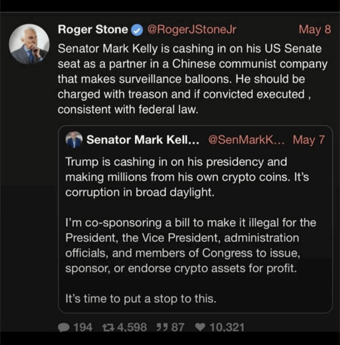 Roger Stone calling for the execution of a member of Congress for co-sponsoring a bill that could prevent the President, his entourage, and Congress to issue, sponsor, or endorse crypto assets for profit