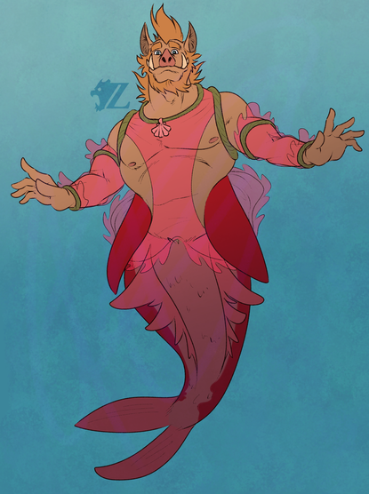 Finnigan, a male anthropomorphic male boar turned into a merman, fused with the Beryx Decadactylus. The boar half has brown fur, with a slightly lighter brown mohawk, darker brown ears, and sea green eyes. The fish half is mostly red with a pink underbelly and find. He also wears garb on his upper half made of a sheer pink material, tied into place with vines at the arms, wrists, shoulders, and chest.