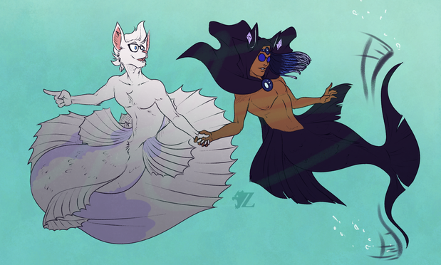Here are Tari, a male anthropomorphic house cat, and Aze, a male human with kitsune ears, as merfolk. Tari is all white with the exception of pink highlights on his sides and lush fins (unspecified species.) Meanwhile, Aze is black with a much darker bottom half (moon-tailed molly), which is also the color of his hood and cloak. Tari is leading Aze somewhere, as it seems that Aze has recently turned into a merman himself, flitting his tail fins, getting used to them. Tari on the other hand is a natural, suggesting that he may be the one who got Aze to turn into one!