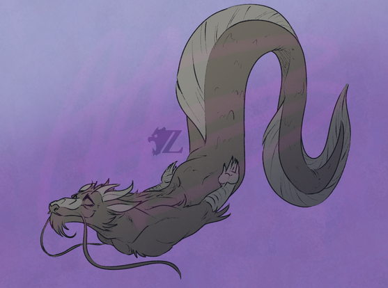 Aquaticas, a male anthropomorphic Eastern dragon, has been fused with an eel, and seems quite okay with it. He has his eyes closed, content as he swims with a sinuous curve in his eel's lower half. He is all gray in color, with lighter tones about his horns, snout, ears, and fins.