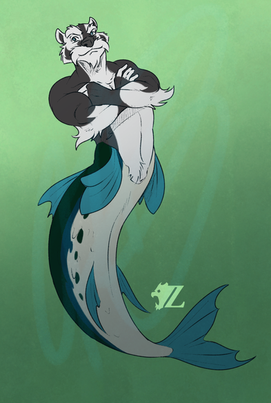 Finally, here is Ronan, a male anthropomorphic European badger fused with a Pacific sardine. His badger half is broad and robust with the classic black and white markings of his species, along with bushy eyebrows, mustache, and elbow fur. His sardine half is a vivid series of teals and whites, with spots on the side.