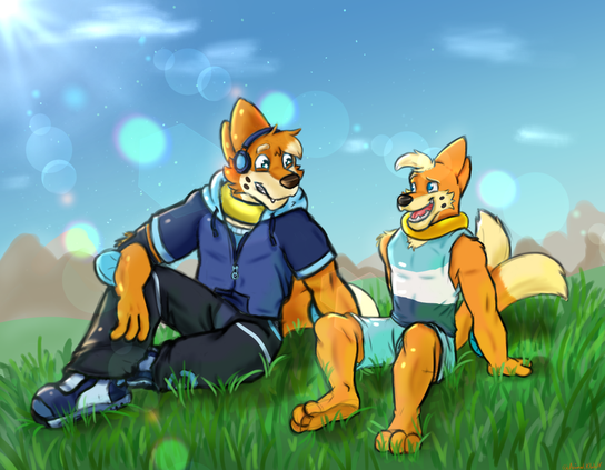 Two buizels are sitting on a grassy field with a bright sunshine!