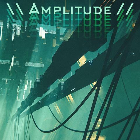 A pair of "high tech" bridges going through a hexagonal horizontal shaft. Cables drape down from the bottoms of the bridges.  "Amplitude" is written on the top, and there are 4 "echoes" that get more transparent as they go down the image.