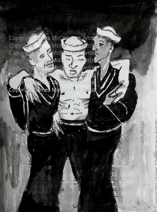 Shore Leave , by James McCormack.
G.
Drawing - Ink On Paper

Shore Leave is an ink drawing, showing three sailors out on the town on a Saturday night, while their ship is in port. A night of fun, mutual support, a little drunkenness, and making sure everyone gets back to ship. No tar left behind!