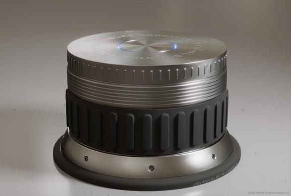 Cylindrical dial with and rubber grip and a lit indicator circle on the top surface.