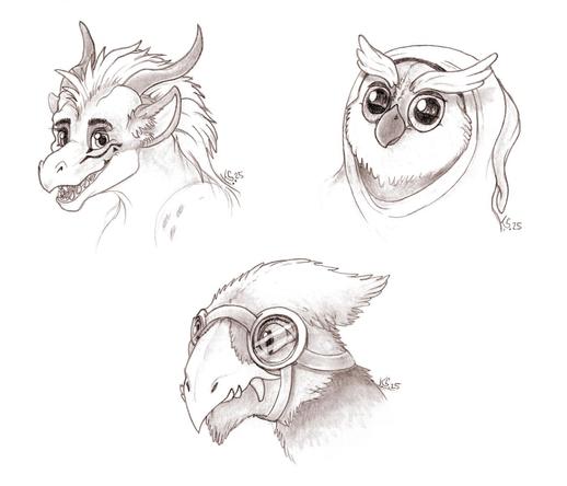 A pencil drawing showing three original character portraits, two are dragon like characters and one is an owl.