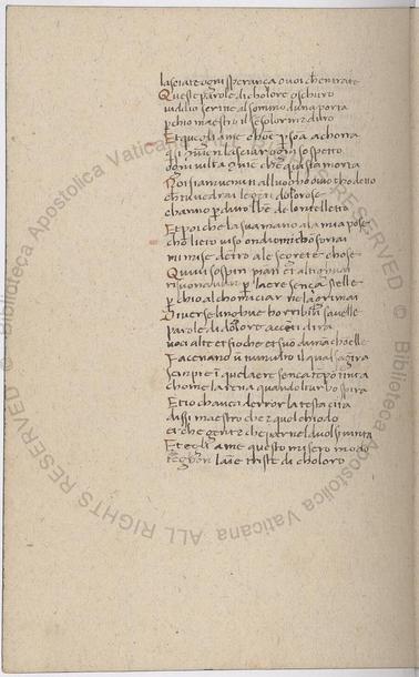 f.2v from Vat.lat.10272, a counterfeit 14th C manuscript of Dante.  It contains a single column of 15th C style "humanist" script, with red letters to start important parts of the narrative.  This page comes from the 3rd canto, and starts at the top "Lasciate ogne speranza, voi ch’intrate"