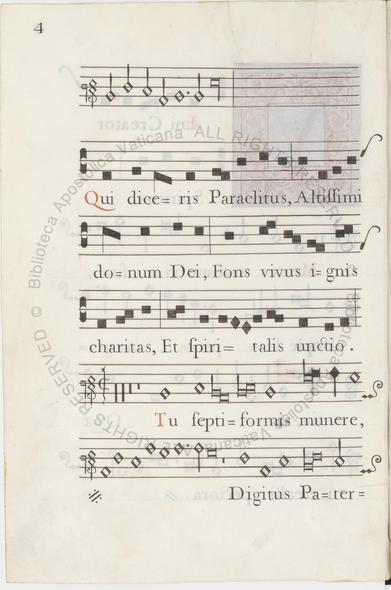Page 4, f.2v, from Capp.Sist.215.pt.28, a manuscript of liturgical music from 1721.  There are 6 staves of music, most with lyrics below them.  Three are in plainchant neumes, the rest are in 18th C white-note notation