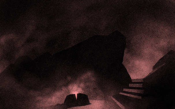 A photograph captures a scene shrouded in pinkish-red fog. At the center foreground, a low, dark rock-like form with a split or crack emits a faint glow, casting soft light around its base. Behind it, a large jagged mass—resembling a rock or cliff—rises steeply, dominating the middle ground. To the right, a staircase carved into the landscape ascends diagonally, disappearing into the mist. The background is obscured by dense fog, with varying intensities of red and black grain giving the image a textured, almost atmospheric quality. The overall scene appears deserted and quiet, with a mysterious, cinematic tone.