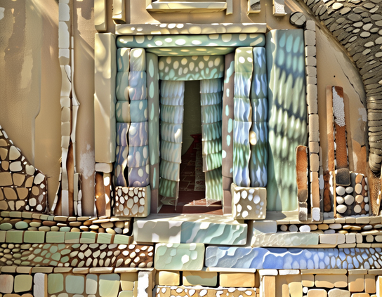 A small, ancient stone building, set into a cliff and decorated with tiles and mosaics, illuminated by filtered afternoon light. Patterned curtains hang over the doorway, partly open, revealing a compact mahogany pyramid, inscribed with cryptic symbols hinting at magical uses.