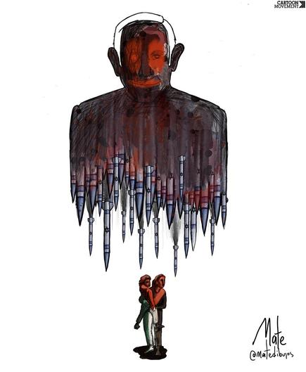 Cartoon showing a silhouette of Netanyahu; the bottom is half of the silhouette is dissolving into falling missiles that drop onto a mother and child  standing beneath.