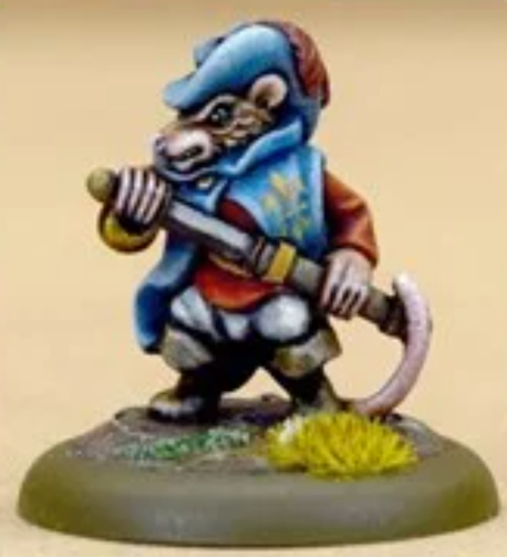 We have a 25mm miniature of an anthropomorphic mouse wearing a blue hat with an orange feather in it plus a blue tabard with a gold fleur-de-lys. He's facing to the left with an angry look on his face and unsheathing his sword.