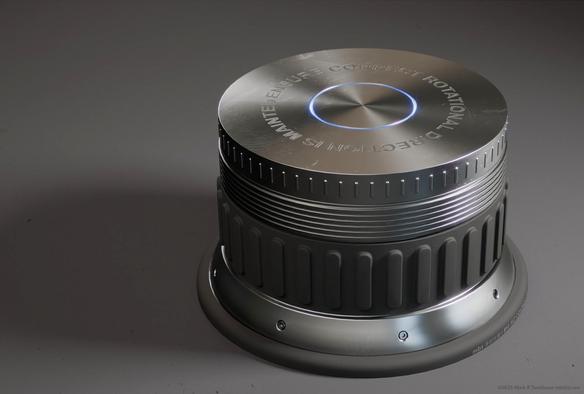 Cylindrical dial with and rubber grip and a lit indicator circle on the top surface.