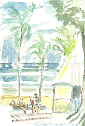 Women in the Wind.
G.

Watercolour on paper

Boa Viagem beach in Recife, Pernambuco, Brazil. gusts of wind sweep the sand and palm trees, leaving hair and clothes in disarray. Done from life, holding the paper tightly.