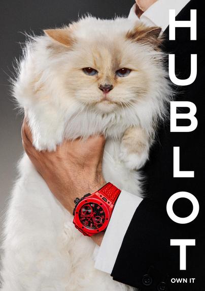 Choupette the cat held by a person wearing a suit and a red Hublot watch.
