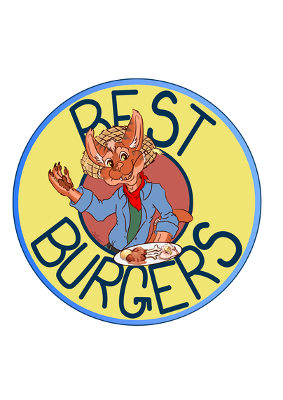 Digital art drawing of a tan cat antrhro, holding a plate of chicken and mashed potatoes, in the center of a circular logo. The words on the logo say "Best Burgers'