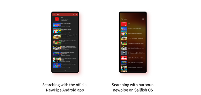 Two screenshots. On the left the NewPipe Android app showing results for the search term 'test'. On the right the same search using harbour-newpipe. Both pages show a list of results each with a thumbnail image to the left and the title of the video to the right. More detail is shown in the Android app.