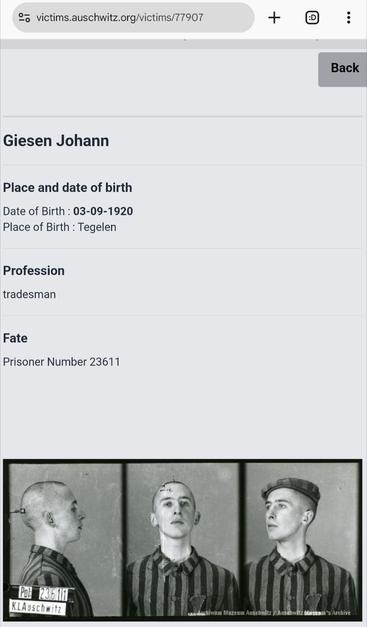 Screenshot from https://victims.auschwitz.org/victims/77907

Giesen Johann

Date of Birth : 03-09-1920
Place of Birth : Tegelen

Profession
tradesman

Fate
Prisoner Number 23611

[Photo: in-captivity three pane picture]