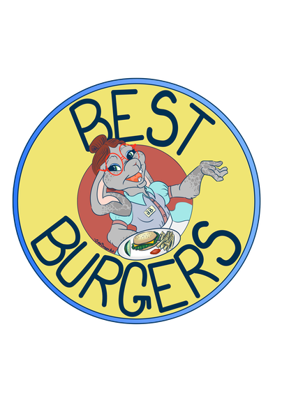 BB Bunny, an anthro grey mascot rabbit wearing a waitress uniform, and holding out a place with a buger and fries on it. She is in the center of a circular logo for 'Best Burgers'