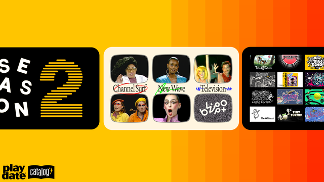 Bright orange gradient background with key art for Season 2, Blippo+, each S2 game