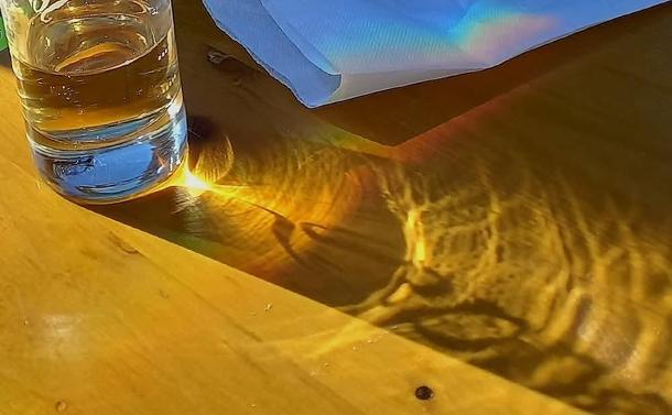 [epo] Lumo brilanta tra dikfunda vitra tinkglaso kun klara likvaĵo en ĝi, montras kaŭstikajn bendojn kaj arkojn de brilaĵoj kaj ombroj.

[eng] Light shining through a thick bottomed glass with clear liquid in it displays caustic bands and arcs of highlights and shadows.