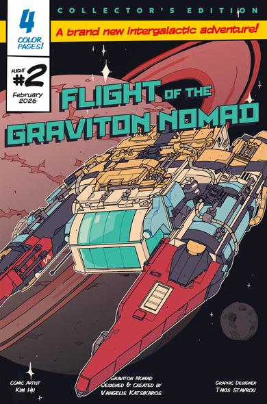 Cover for the short comic 'Flight of the Graviton Nomad', showing a spaceship taking off into space