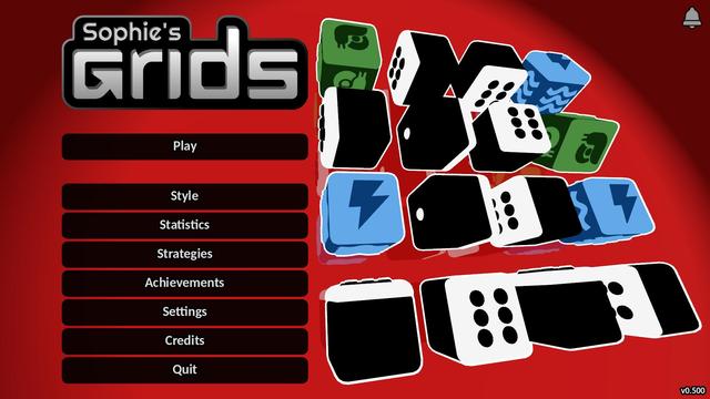 Screenshot of my game's title menu showing the name "Sophie's Grids" and the menu options of Play, Style, Statistics, Strategies, Achievements, Settings, Credits, and Quit. In the background a grid of dice have rotating rows and columns over a vibrant red surface