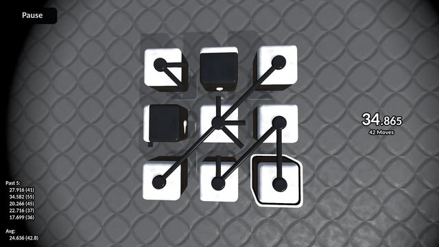 A three-by-three grid of cubes, on one side of each cube are poles pointing in various directions, some of them connect between the dice. Text on-screen displays elapsed time and the number of moves made.
