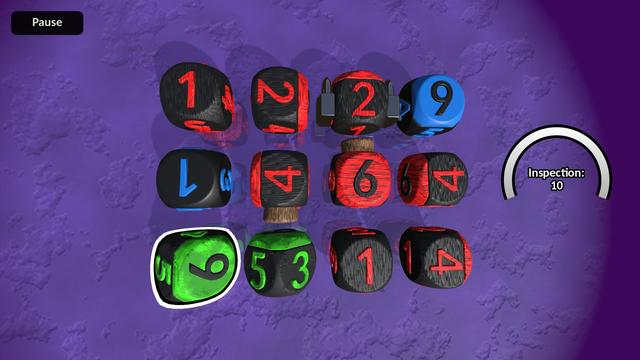 A four-by-three grid of numbered black dice with red, blue, and green tops. The dice have been scrambled and on-screen a timer labelled 'inspection' is counting down.