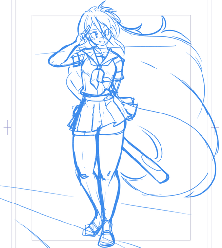 A woman in a sailor-style uniform making a scout salute with her right hand and holding a baseball bat behind her back with her left. Her long hair flows out behind her.