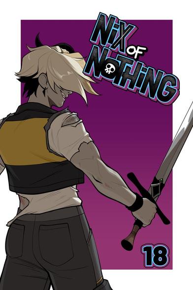Chapter 18 cover featuring Raine the half giant from the back holding her sword on a purple background
