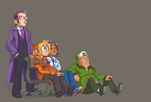 Four people are sitting on and around a bench, looking up wistfully.