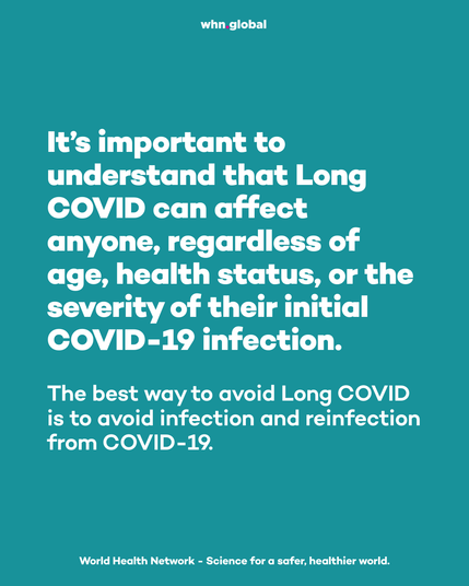Teal World Health Network graphic with the whn.global logo at the top. Main text: “It’s important to understand that Long COVID can affect anyone, regardless of age, health status, or the severity of their initial COVID-19 infection.” Secondary text: “The best way to avoid Long COVID is to avoid infection and reinfection from COVID-19.” Footer: “World Health Network - Science for a safer, healthier world.”