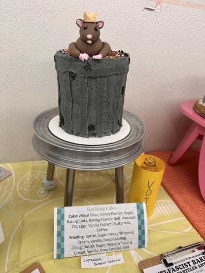 Image of a cake in the shape of a rat coming out of a trashcan.