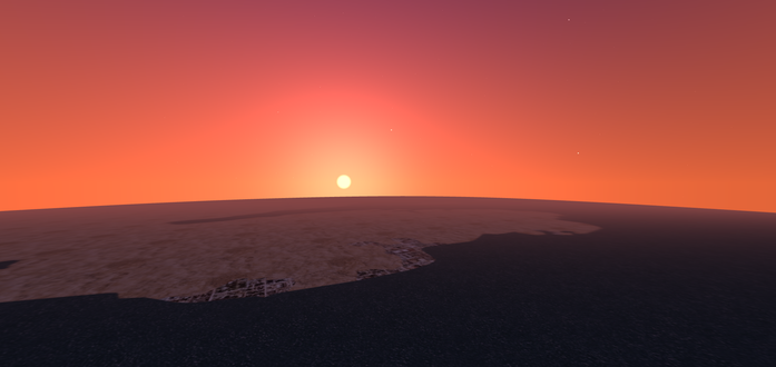 A screenshot of the simulation, looking at a gaudy sunset over a desert coastal region.
