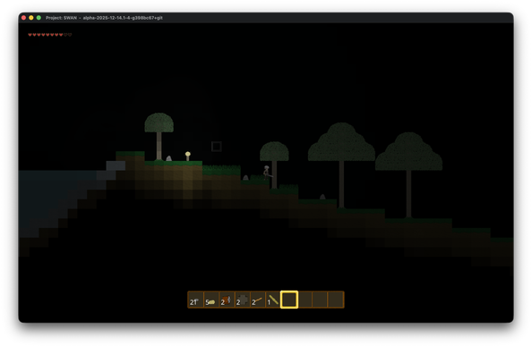 Screenshot of my 2D side-scroller game, showing night-time, meaning the sky is dark. There's a torch lighting up the surface.