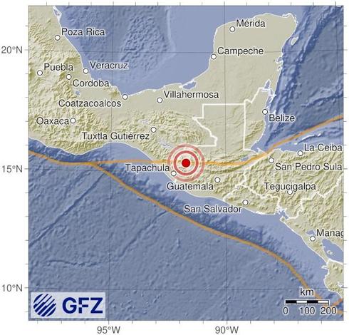 Map showing the earthquake of 2026-03-15 in Mexico-Guatemala Border Region