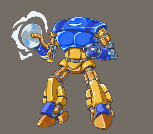 A round blue robot with big yellow legs and a buzzsaw hand.