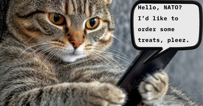 Photo of a cat holding a phone, texting:

Hello, NATO? I'd like to order some treats, pleez.