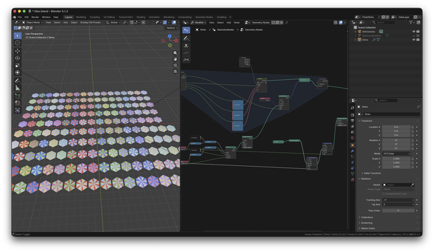All of the tiles are made with geometry nodes in Blender and rendered as a 2d tileset for Godot. There are 10 colors tot