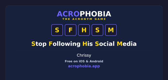 Nobody should win with letters like these. Somebody did: S.F.H.S.M → "Stop Following His Social Media" by Chrissy Play t