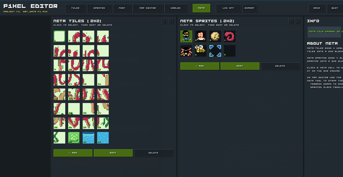 Fungus Foray DX I'm slowly migrating sprites and tiles to my latest editor version (2->3). The game engine was rewritten